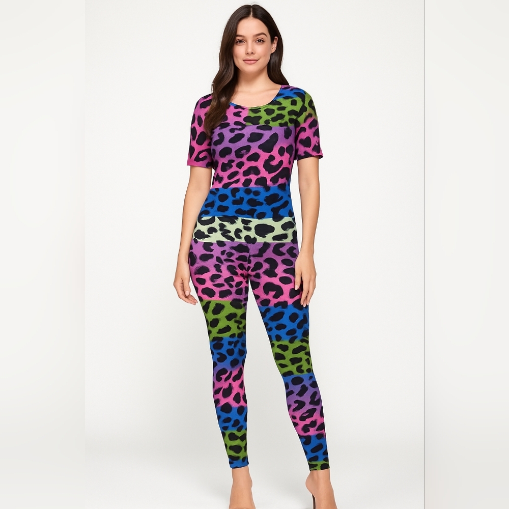 NWOT Colorful Leopard Print Jumpsuit Large Rainbow Stripe Multicolor Cotton